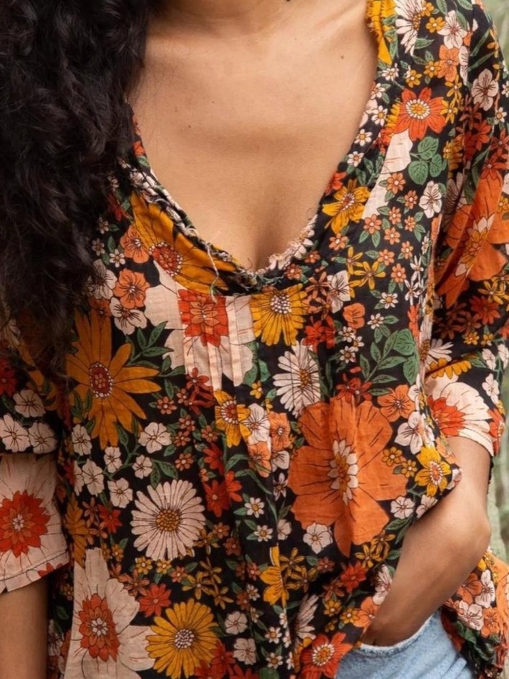 Natural Life Floral V-Neck Boho Blouse - Orange & Green S/M